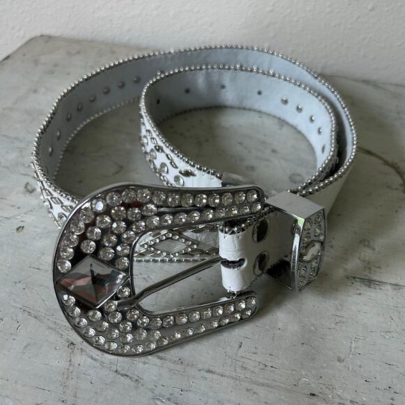 Western Leather bling belt Rhinestone cowgirl rodeo queen sparkle white 36 L - Picture 7 of 10